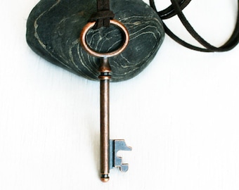 Antique Copper Key Necklace with Suede Cord