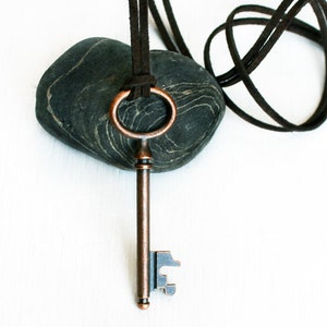 Antique Copper Key Necklace with Suede Cord