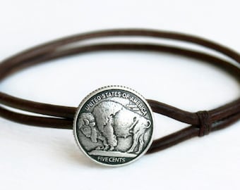 Buffalo Coin Leather Bracelet for Men Women