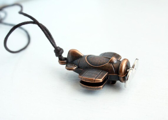 Metal Airplane Pendant Necklace with Cord – Bronze Antique Copper Colors