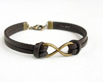 Infinity Bracelet with Leather Band - Good for Man and Woman (2 charm colors and 2 band colors to choose)