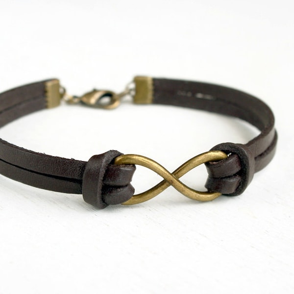 Infinity Bracelet with Leather Band - Good for Man and Woman (2 charm colors and 2 band colors to choose)