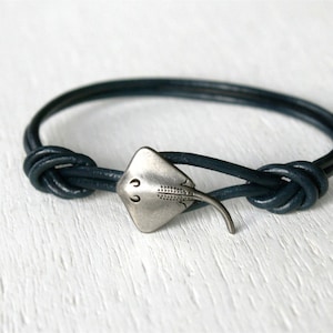 Stingray Leather Bracelet: Antique Silver Charm, Genuine Leather Cord