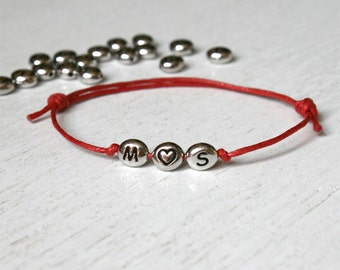 Triple Beads Heart Initial Bracelet, Initial Anklet, Personalized bracelet, Personalized anklet (many colors to choose)