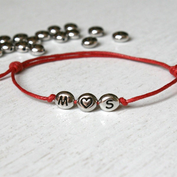 Triple Beads Heart Initial Bracelet, Initial Anklet, Personalized bracelet, Personalized anklet (many colors to choose)