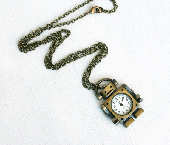 Robot Pocket Watch Necklace, Clock Necklace