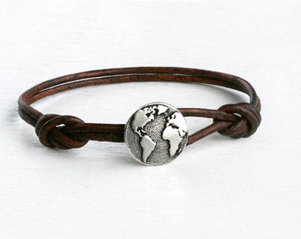 Globe leather Bracelet, World Map Bracelet, Globe Anklet, World Map Anklet (Many Colors)