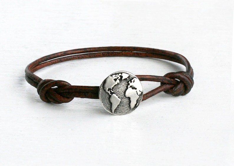 Globe leather Bracelet, World Map Bracelet, Globe Anklet, World Map Anklet Many Colors image 1