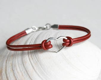Heart Bracelet, Heart Bracelet with Round Leather Cord (Many colors to choose)