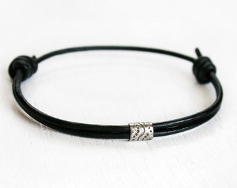 Sterling Silver Tube Bead Leather Bracelet (many cord colors to choose)