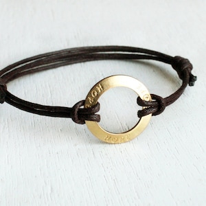 Hope Love Believe Dream Brass Message Circle Bracelet: Adjustable Waxed Cotton Cord