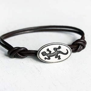 Gecko Leather Bracelet: Antique Silver Lizard Charm