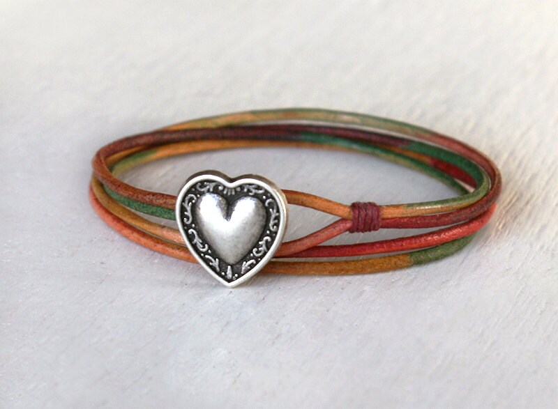 Double Wrap Leather Bracelet, Heart Bracelet, Flower
