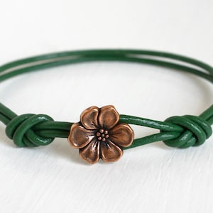 Leather Flower Bracelet: Antique Silver Charm, Adjustable Cord