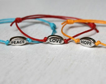 Message Bracelet, Hope bracelet, Love bracelet, Faith bracelet, Peace bracelet (many colors to choose)