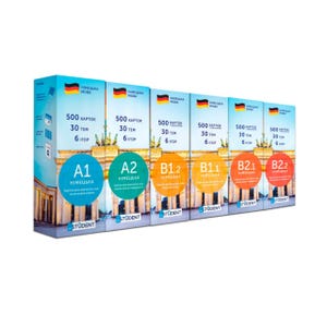 May include: A set of language learning flashcards in boxes. Each box features the German flag and text in Ukrainian and German. The boxes are labeled A1, A2, B1.2, B1.1, B2.1, and B2.2, with the word "Student" at the bottom.