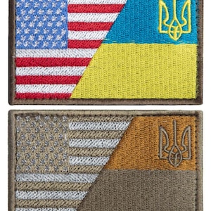 Puede incluir: Dos parches bordados. El parche superior presenta la bandera estadounidense y la bandera ucraniana, con un borde marrón. El parche inferior tiene una bandera estadounidense beige y una bandera ucraniana marrón con un borde marrón.