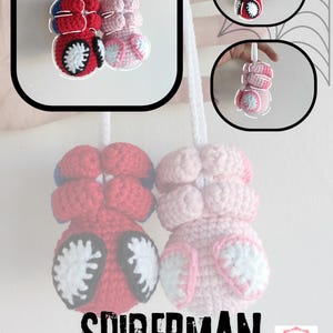 Peut inclure: Patron de crochet pour un Spiderman et un personnage rose. Le patron est disponible en téléchargement PDF. L'image montre les personnages crochetés finis.