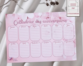 Peut inclure: Un calendrier imprimable rose et blanc avec un motif floral. Le calendrier est intitulé "Calendrier des anniversaires" et comporte des espaces pour inscrire les anniversaires de chaque mois de l'année.