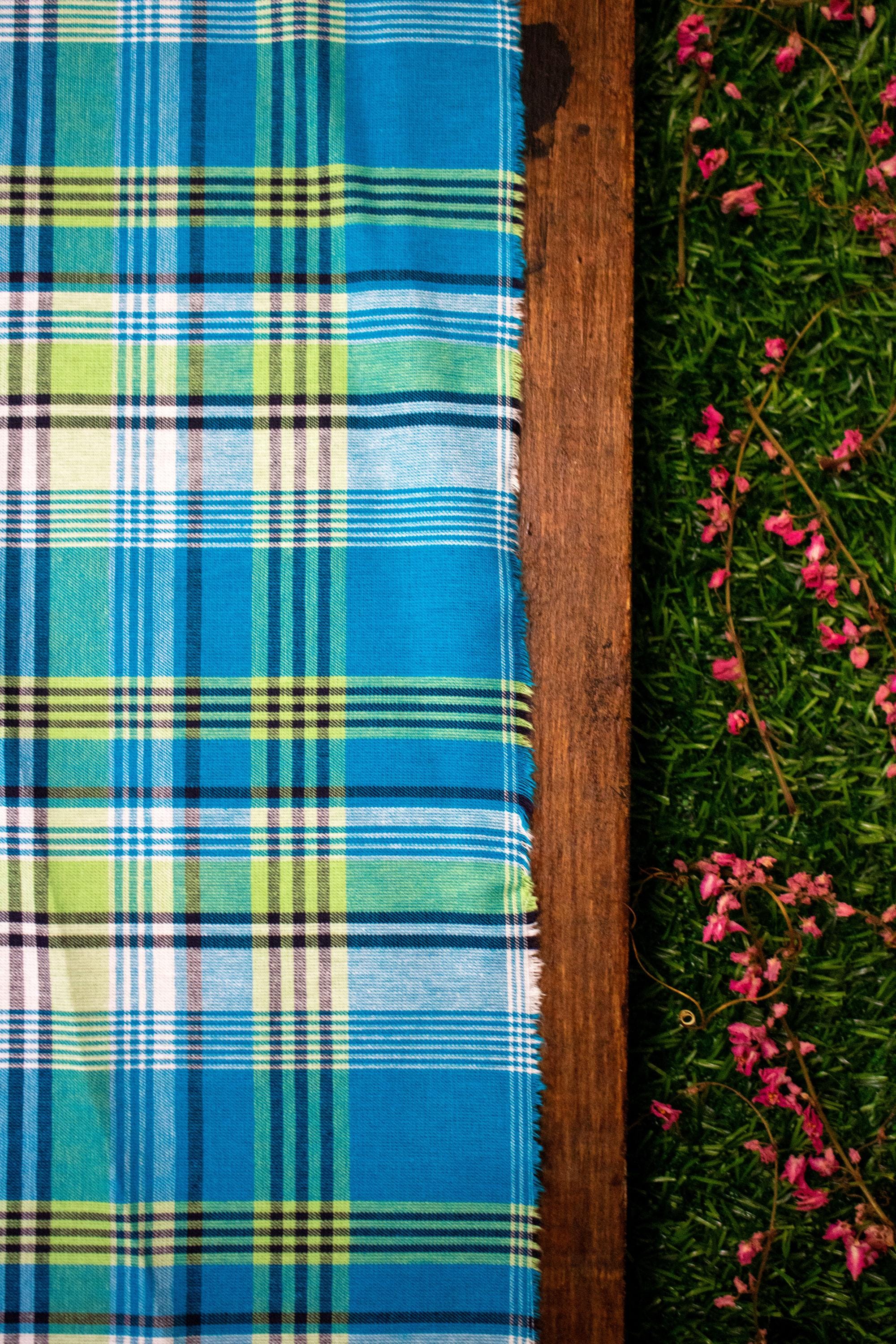 Madras Fabric: Caribbean Turquoise Blue Plaid Cotton, Sold by the