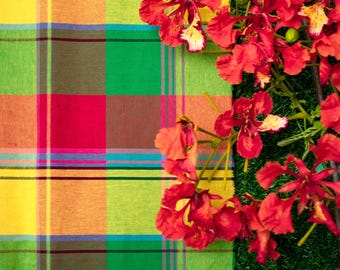 Tela Madrás - VI Lime Grove - Tela de algodón afrocaribeña a cuadros verde, rojo y amarillo cortada a medida, tela tradicional virgen Madrás para coser