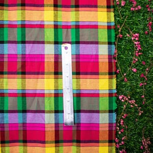 Madras Fabric-Festival Fire Bold Caribbean Plaid Pink Yellow Green Cultural Cotton Fabric By the Yard Afro Caribbean Carnival Print