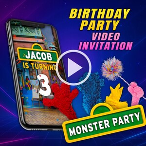 Invitation vidéo de fête d'anniversaire de monstres, vidéo d'animation numérique pour bébé, invitation vidéo personnalisée mobile pour fille et garçon