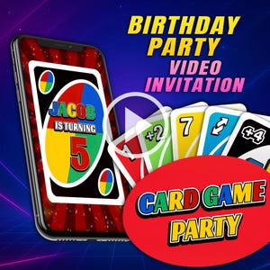 Card game birthday party video invitation, four colors game digital animated video, girl and boy mobile personalized video invite