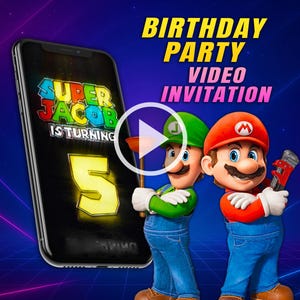 Super Mario Film Geburtstagsfeier Videoeinladung, Mario Bros digital animiertes Video, Mädchen und Jungen Handy personalisierte Videoeinladung