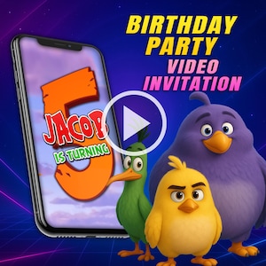 Invitation vidéo de fête d'anniversaire de film d'oiseaux, vidéo d'animation numérique de gibier à plumes, invitation vidéo personnalisée mobile de fille et de garçon