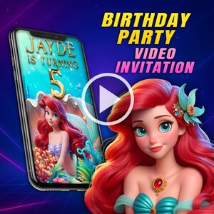 Invitation vidéo de fête d'anniversaire de petite sirène, vidéo d'animation numérique de la princesse Ariel, invitation vidéo personnalisée pour mobile girly