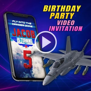 Invitation vidéo de fête d'anniversaire de jet, vidéo d'animation numérique de garçon de haut pilote, invitation vidéo personnalisée de mobile de combattant