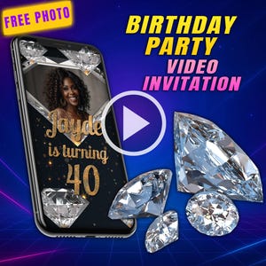 Diamanten op zwarte video-uitnodiging voor verjaardagsfeestje, luxe elegante digitale animatievideo, gouden mobiele gepersonaliseerde video-uitnodiging voor volwassenen