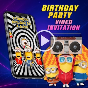 Minions Geburtstagsparty Videoeinladung, Kinder digitales animiertes Video, Mädchen und Jungen Handy personalisierte Videoeinladung