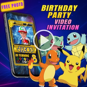 Invitación de video para fiesta de cumpleaños de Pokémon, video animado digital de Pikachu, invitación de video personalizada para móvil de niña y niño con foto gratis