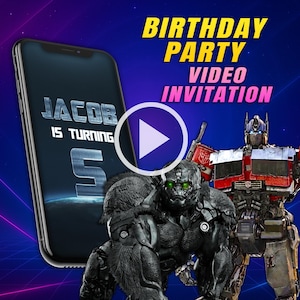 Invito video per la festa di compleanno di Transformers Rise of the Beasts, video animato digitale di Optimus Prime, invito video personalizzato per cellulare per bambini