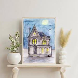 Haunted Victorian House Halloween Art Print – Cute Watercolor Ghost House Wall Art – Cozy Spooky Decor for Kids Room, Fall, October Gift