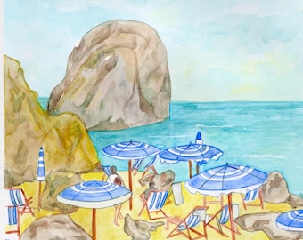 Impressão em aquarela de Capri, Itália, Costa Amalfitana, arte de parede, pôster de praia italiana, rochas Faraglioni, Mediterrâneo, férias na Itália