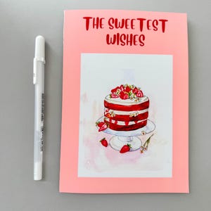 Karta z pozdrowieniami z truskawkowym ciastem | Różowa akwarelowa karta urodzinowa | Wydruk artystyczny deseru | Najsłodsze życzenia | Słodka ilustracja jedzenia | Piekarnia
