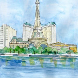 Impression aquarelle de la tour Eiffel de Las Vegas ou carte de voeux - Strip Art de l'hôtel Paris, illustration romantique de monument de Vegas, voyage 5 x 7 ou 8 x 10