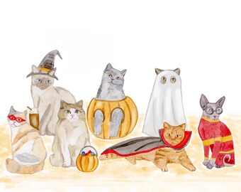 Impressão em aquarela de gatos de Halloween, arte de parede divertida com gatos fantasiados, presente para amantes de gatos, decoração de gato assustadora.