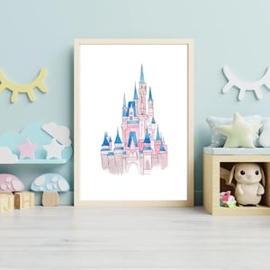 Fairy Tale Castle Watercolor Print or Greeting Card – Pink Blue Fantasy Illustration – Princess Castle Wall Art for Kids Room or Nursery