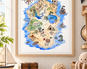 Pirate Nursery Wall Art, Boys Room Watercolor Print, Treasure Island Map, Pirate Ship Decor, Kids Adventure Wall Art