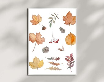 Impressão em aquarela de folhas de outono, arte de parede botânica outonal, decoração de casa de outono, impressão de folha de bordo, impressão sazonal da natureza, decoração de Ação de Graças.