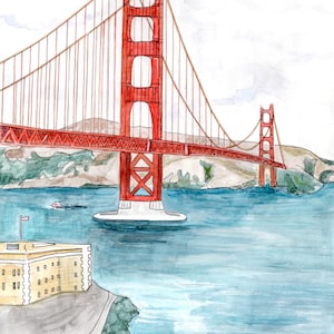 Impression aquarelle du Golden Gate Bridge – Art de San Francisco, décoration murale emblématique de la Californie, carte de voeux de voyage, illustration de la ville côtière