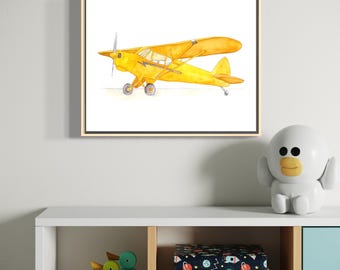 Gelbes Flugzeug Aquarell Druck Piper Cub Kinderzimmer Kunst Luftfahrt Jungen Zimmer Dekor Vintage Flugzeug Pilot Geschenk Flugzeug Kinderzimmer