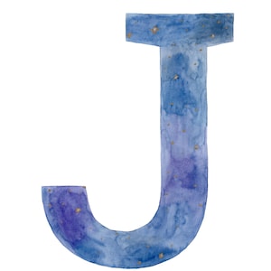May include: Watercolor letter "J" in shades of blue and purple, with gold star accents. The letter has a gradient effect, transitioning from dark purple to light blue. The design is on a white background.