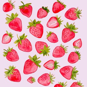 Impression d'art fraise - décoration murale de fruits aquarelle rose - impression de cuisine d'été - motif fraise kawaii - illustration de cuisine mignonne