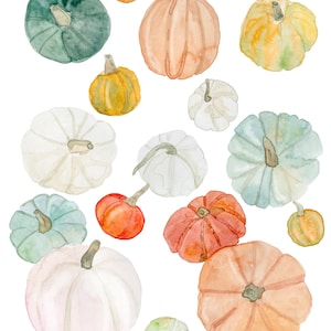 Pode incluir: Pintura em aquarela de v&aacute;rias ab&oacute;boras em tons de verde, laranja, amarelo e branco. As ab&oacute;boras s&atilde;o de diferentes tamanhos e formas, com caules vis&iacute;veis. A obra de arte tem um toque outonal suave, perfeito para decora&ccedil;&atilde;o de outono.