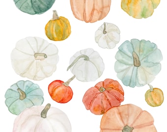 May include: Watercolor painting of various pumpkins in shades of green, orange, yellow, and white. The pumpkins are of different sizes and shapes, with visible stems. The artwork has a soft, autumnal feel, perfect for fall decor.